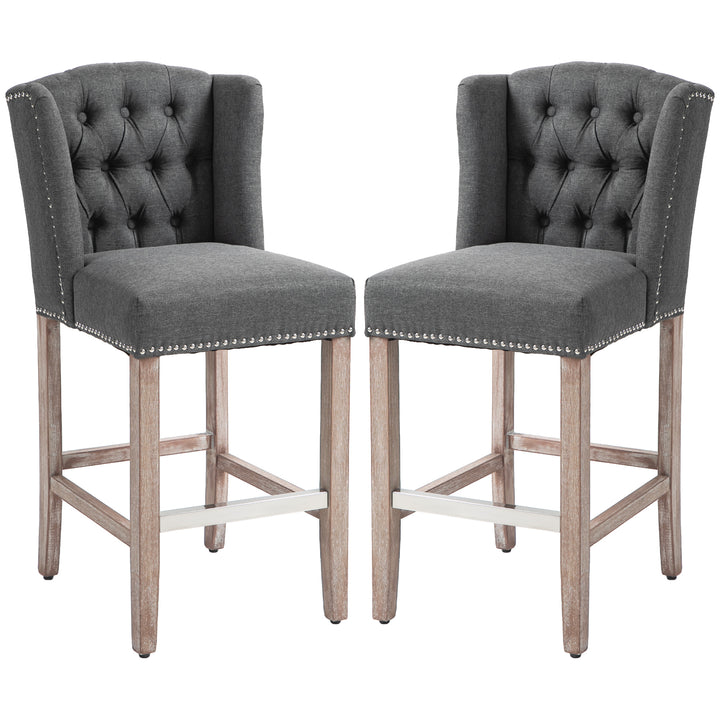 HOMCOM Counter Height Bar Stools Set of 2, Upholstered Bar Chairs with Nailhead Backrest and Footrest, Charcoal Grey