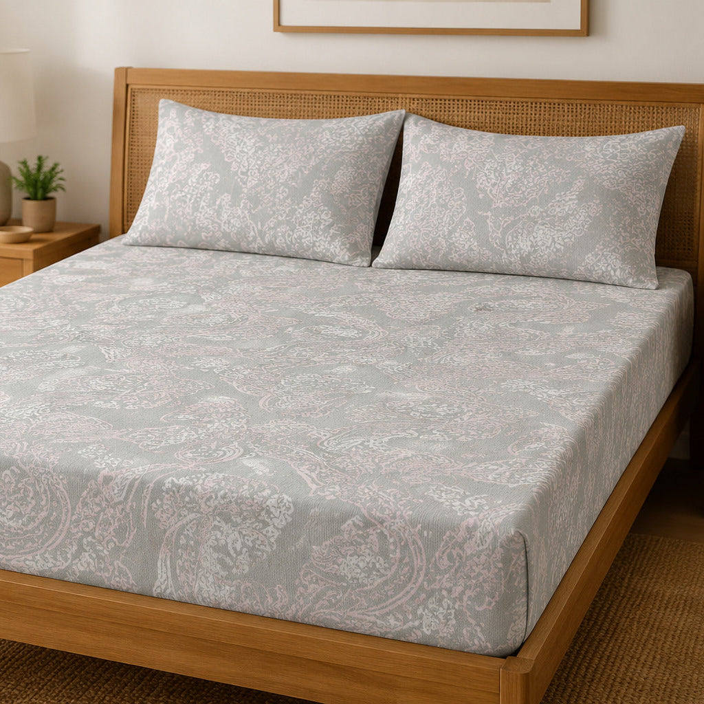 Aarniva 100% Cotton Paisley Bedsheet Set | King/Queen | Soft & Breathable | Silver Blush Paisley | 6-Piece Set