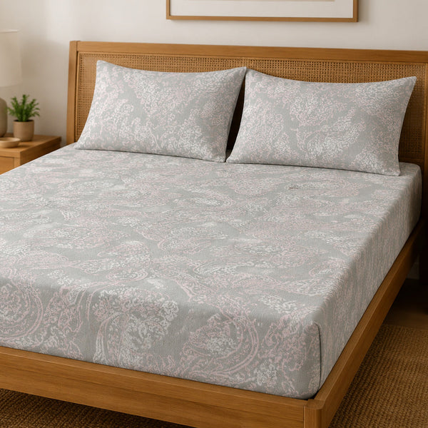 Aarniva 100% Cotton Paisley Bedsheet Set | King/Queen | Soft & Breathable | Silver Blush Paisley | 6-Piece Set