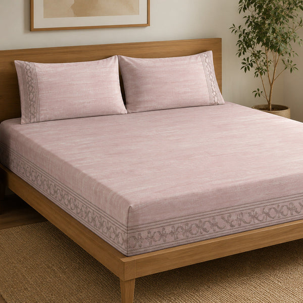 Aarniva 100% Cotton Border Bedsheet Set | King/Queen | Soft & Breathable | Blush Pink Ornamental Border | 6-Piece Set