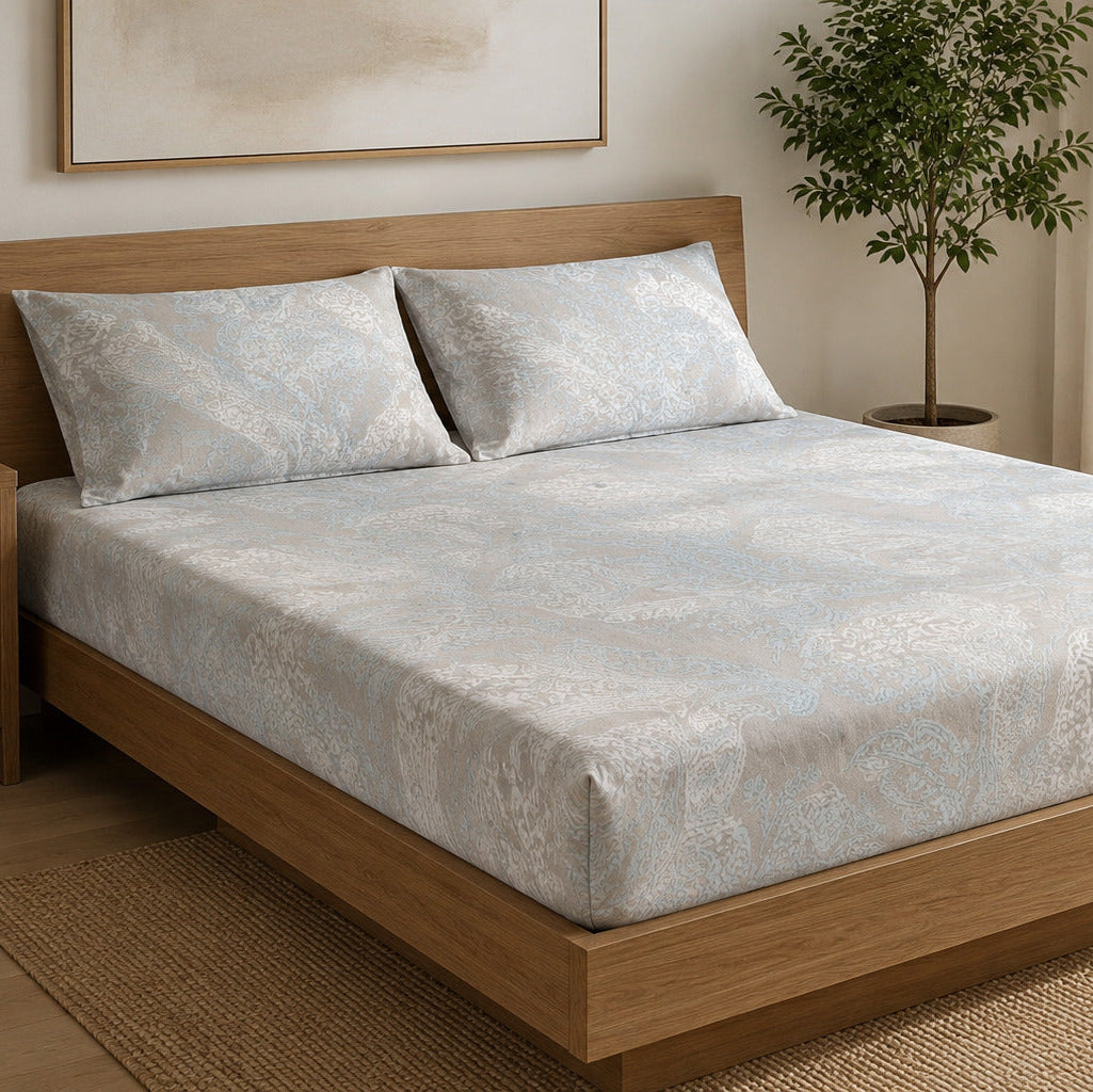 Aarniva 100% Cotton Paisley Bedsheet Set | King/Queen | Soft & Breathable | Ivory Blue Damask Paisley | 6-Piece Set