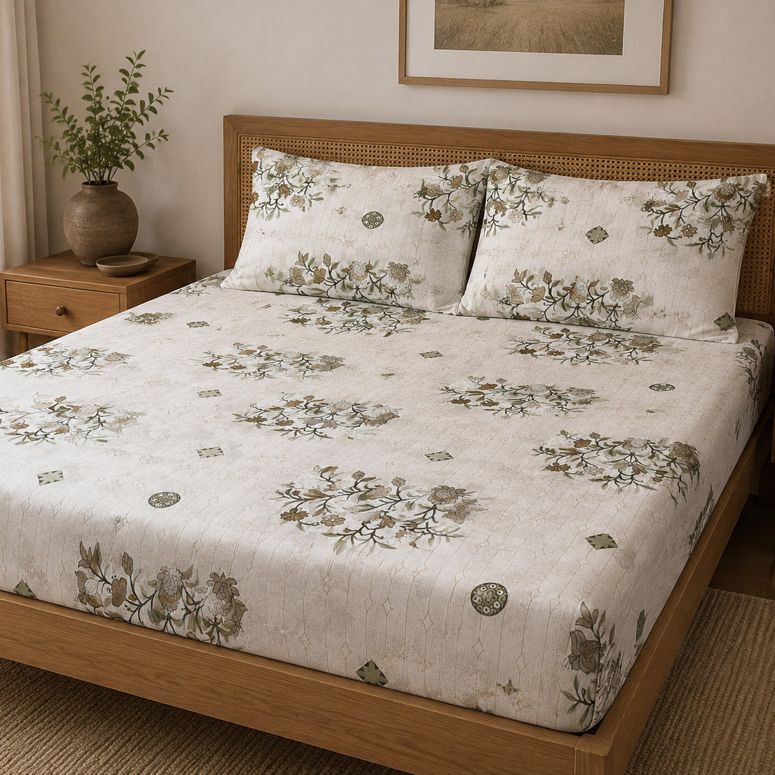Aarniva 100% Cotton Floral Bedsheet Set | King/Queen | Soft & Breathable | Ivory Olive Botanical | 6-Piece Set