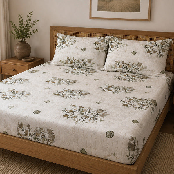 Aarniva 100% Cotton Floral Bedsheet Set | King/Queen | Soft & Breathable | Ivory Olive Botanical | 6-Piece Set