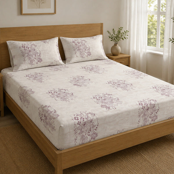 Aarniva 100% Cotton Paisley Bedsheet Set | King/Queen | Soft & Breathable | Ivory Mauve Paisley | 6-Piece Set