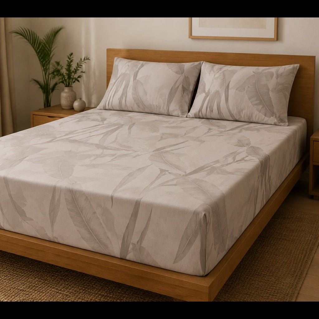 Aarniva 100% Cotton Botanical Bedsheet Set | King/Queen | Soft & Breathable | Ivory Taupe Botanical Leaf | 6-Piece Set