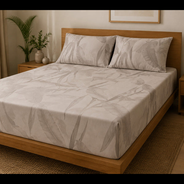 Aarniva 100% Cotton Botanical Bedsheet Set | King/Queen | Soft & Breathable | Ivory Taupe Botanical Leaf | 6-Piece Set