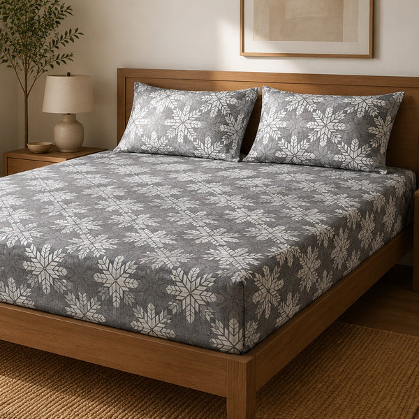 Aarniva 100% Cotton Geometric Bedsheet Set | King/Queen | Soft & Breathable | Charcoal Nordic Snowflake | 6-Piece Set