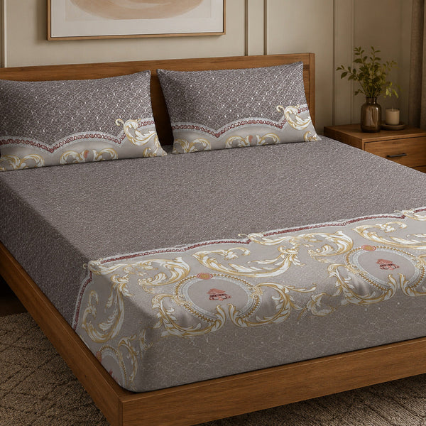 Aarniva 100% Cotton Ornamental Bedsheet Set | King/Queen | Soft & Breathable | Taupe Gold Baroque Border | 6-Piece Set