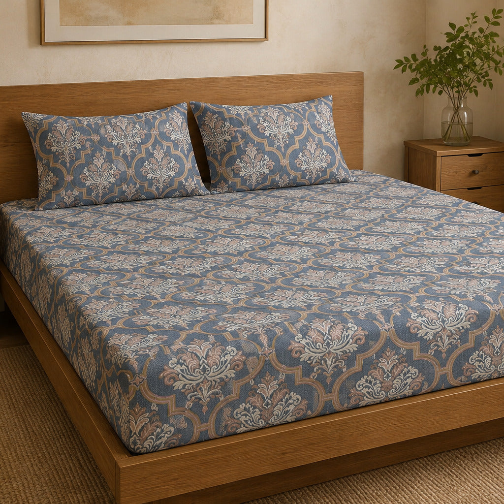 Aarniva 100% Cotton Ornamental Bedsheet Set | King/Queen | Soft & Breathable | Slate Blue Damask Medallion | 6-Piece Set
