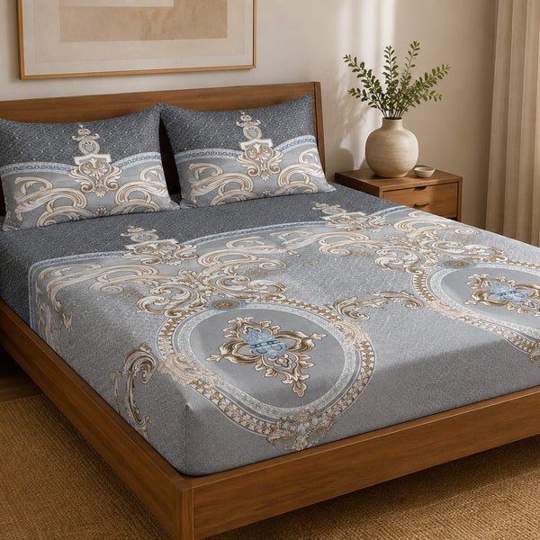 Aarniva 100% Cotton Ornamental Bedsheet Set | King/Queen | Soft & Breathable | Charcoal Silver Royal Medallion | 6-Piece Set