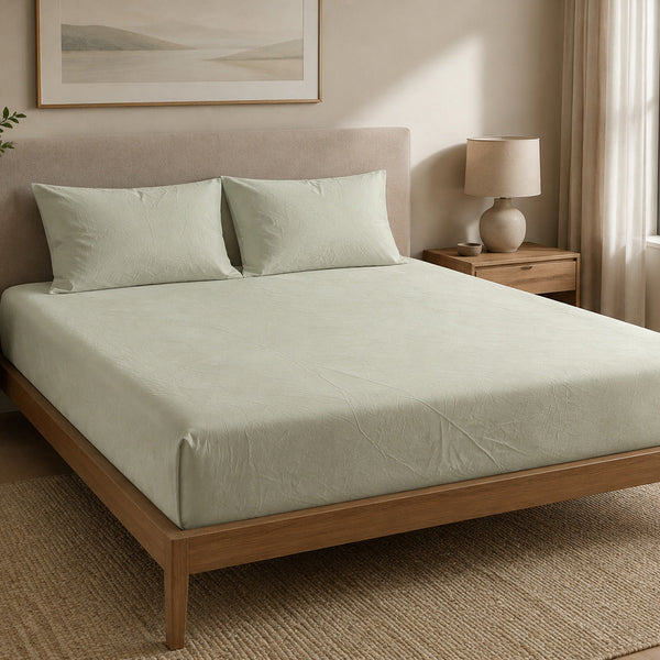 Aarniva 100% Cotton Solid Bedsheet Set | King/Queen | Soft & Breathable | Misty Sage | 6-Piece Set