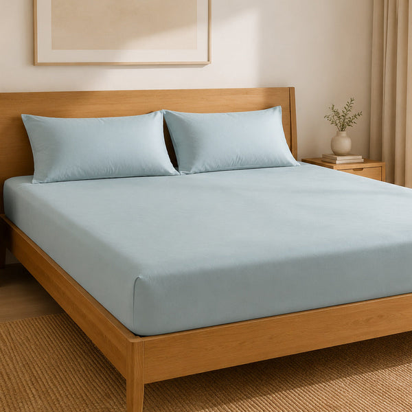 Aarniva 100% Cotton Solid Bedsheet Set | King/Queen | Soft & Breathable | Powder Blue | 6-Piece Set