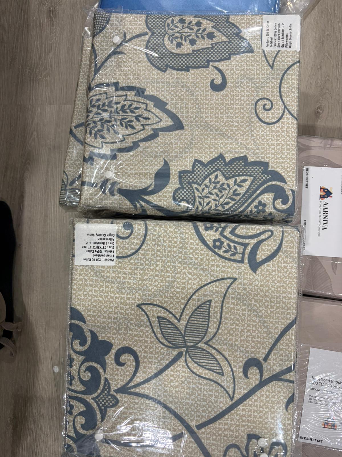 Aarniva 100% Cotton Floral Vine Bedsheet Set | King/Queen | Soft & Breathable | Ivory Blue Floral | 200 TC | -Piece Set