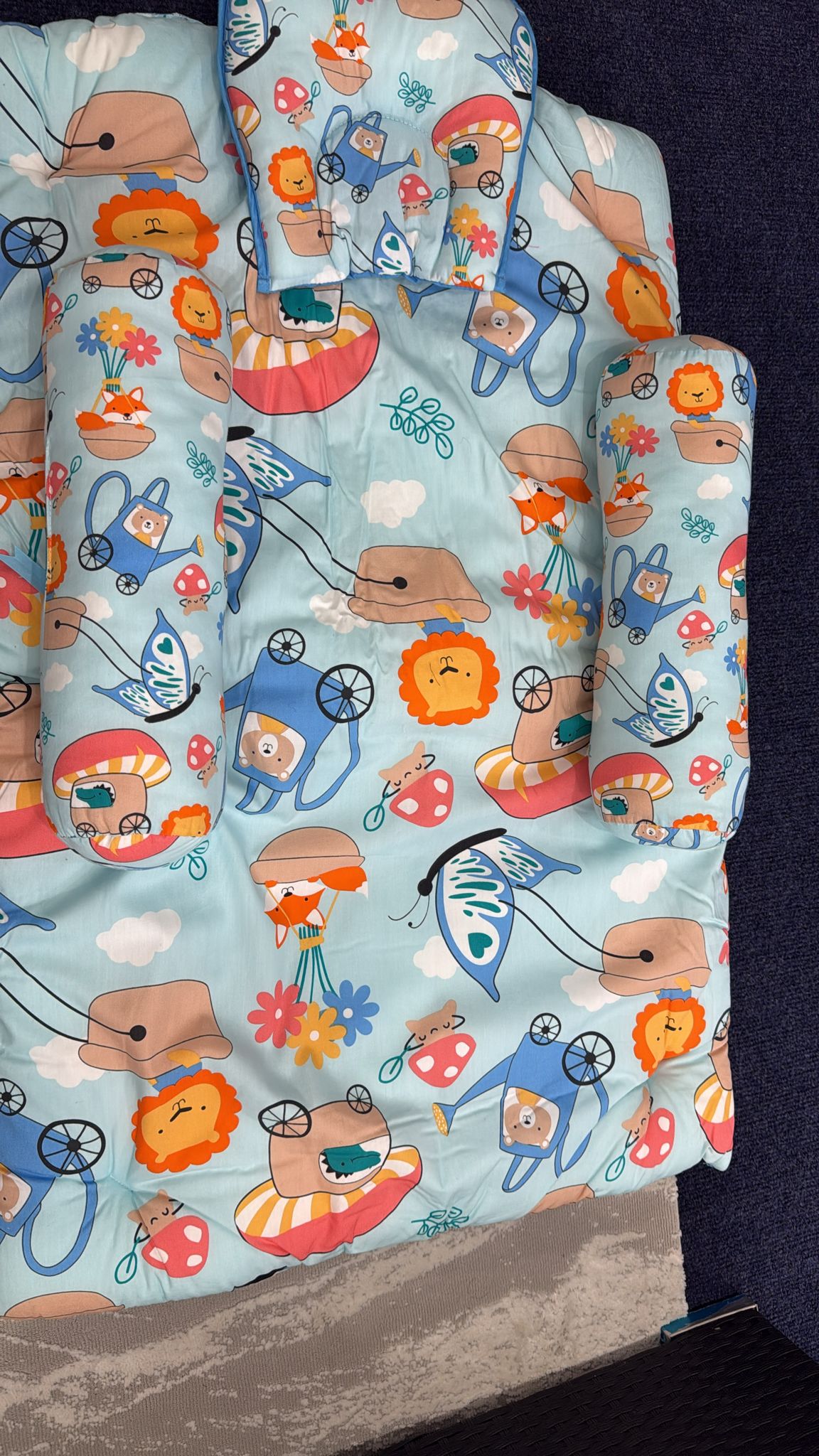 Aarniva Baby Padded Floor Mat Set | Pillow & Bolster Support | Soft & Comfortable | Balloon Safari | 4-Piece Set