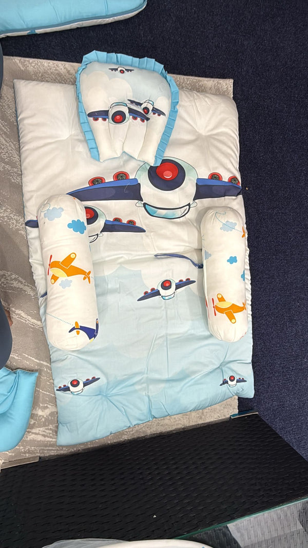 Aarniva Baby Padded Floor Mat Set | Pillow & Bolster Support | Soft & Comfortable | Airplane Sky | 4-Piece Set