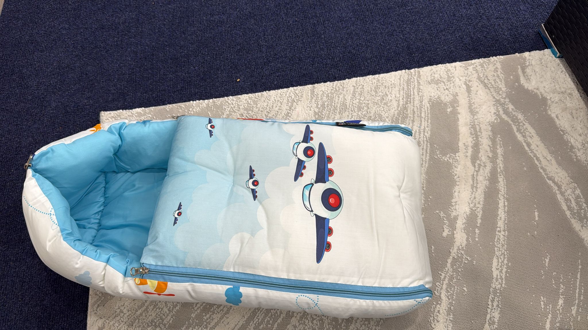 Aarniva Baby Carry Nest Sleeping Bag | Soft & Breathable | Zipper Closure | Airplane Adventure | Blue & White