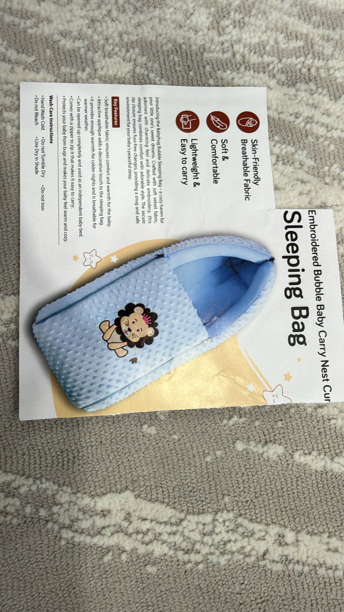 Aarniva Baby Carry Nest Sleeping Bag | Soft Bubble Fabric | Zipper Closure | Lion Embroidery | Sky Blue