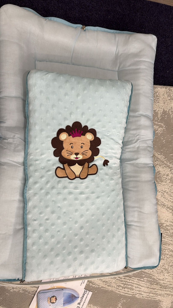 Aarniva Baby Carry Nest Sleeping Bag | Soft Bubble Fabric | Zipper Closure | Lion Embroidery | Sky Blue