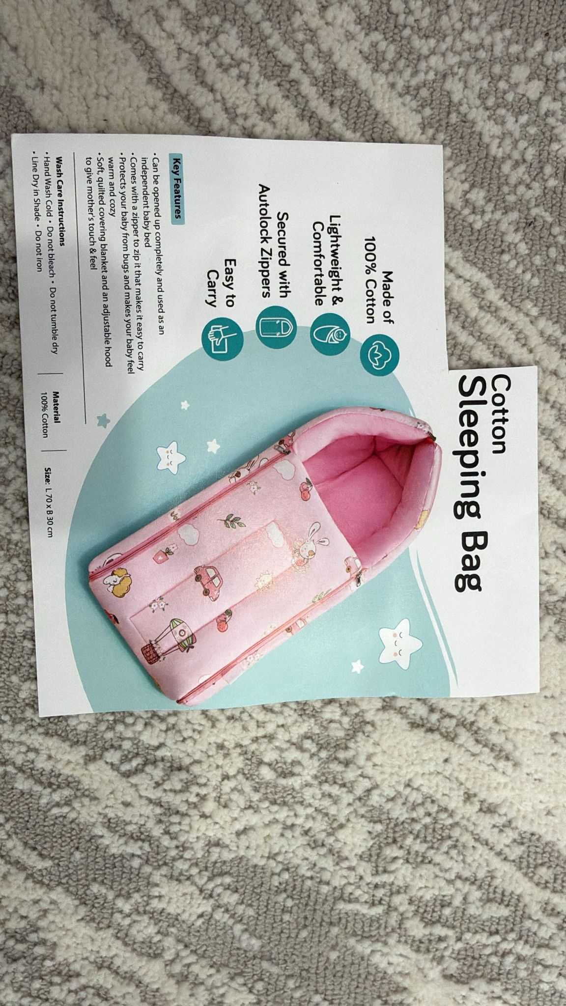Aarniva Baby Carry Nest Sleeping Bag | Soft & Breathable | Zipper Closure | Bunny Garden | Blush Pink