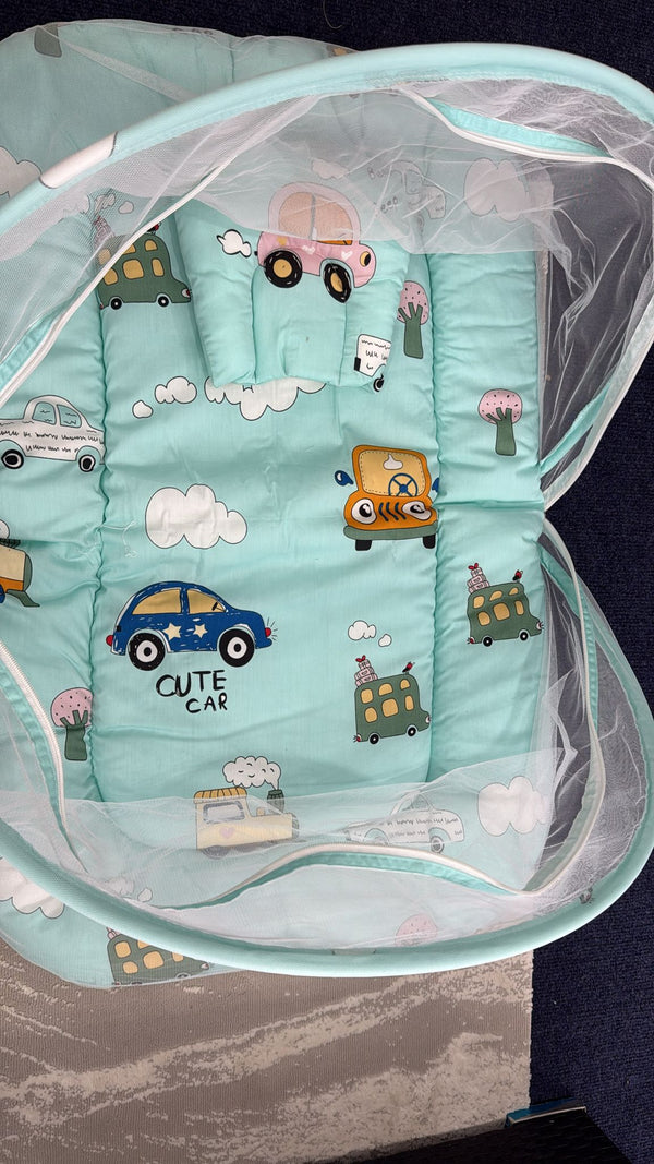 Aarniva Foldable Baby Mosquito Net Mat | Soft Padded | Breathable Mesh Canopy | Cute Car Mint