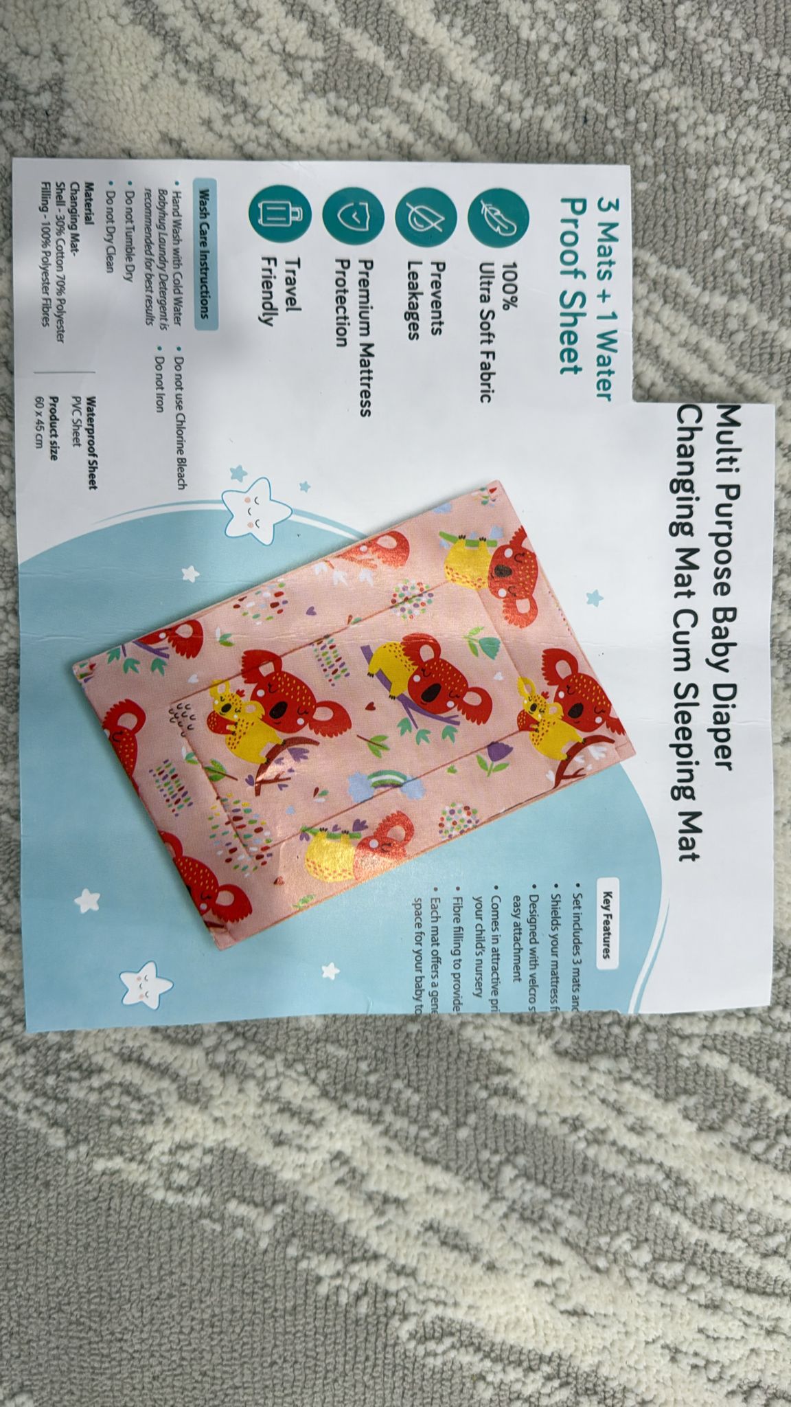 Aarniva Kids Quilted Play Mat & Baby Sheet | Soft Padded | Reversible Design | Pink Elephant Garden