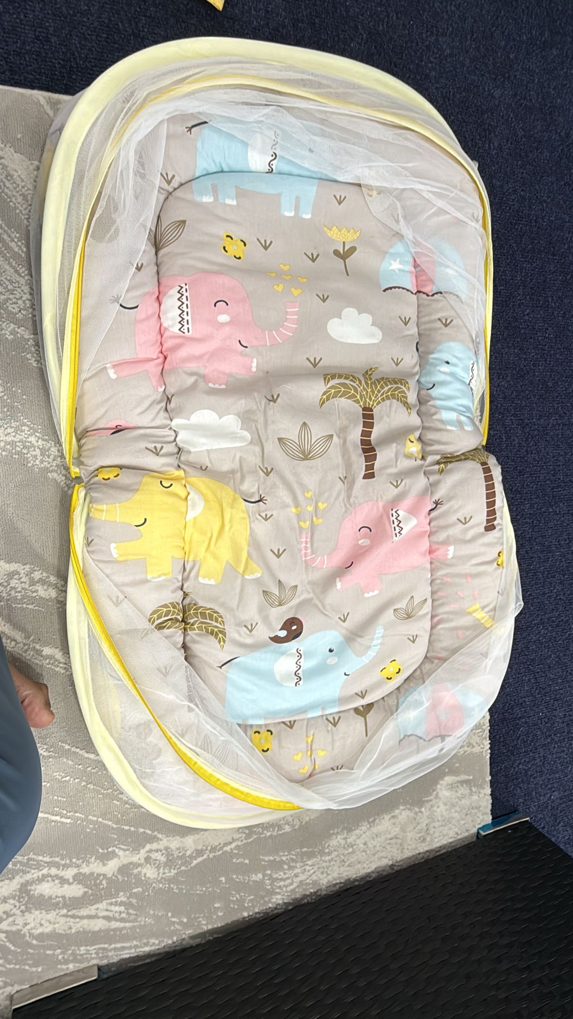 Aarniva Foldable Baby Mosquito Net Mat | Soft Padded | Breathable Mesh Canopy | Elephant Palm Beige