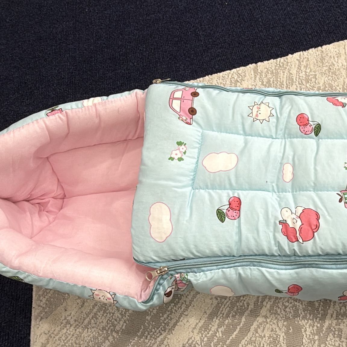 Aarniva Baby Premium Bedding Super Saver Combo | Gadda Set, Mosquito Net Mattress & Sleeping Bag | 100% Cotton | Unicorn Blue | Multi-Piece Set