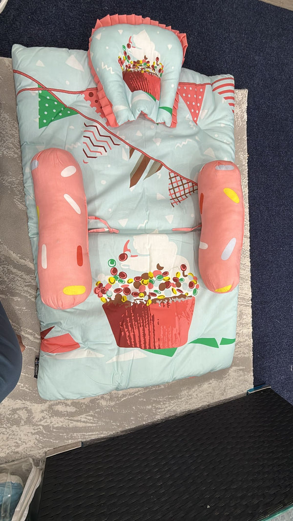 Aarniva Baby Padded Floor Mat Set | Pillow & Bolster Support | Soft & Comfortable | Cupcake Party | 4-Piece Set