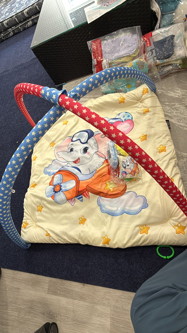 Aarniva Baby Activity Play Mat | Soft Padded Floor Mat | Toy Arch & Hanging Toys | Flying Elephant