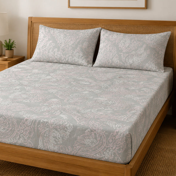 Aarniva 100% Cotton Paisley Bedsheet Set | King/Queen | Soft & Breathable | Silver Blush Paisley | 6-Piece Set