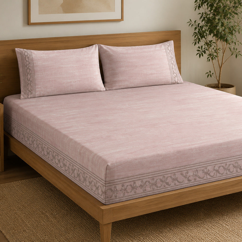 Aarniva 100% Cotton Border Bedsheet Set | King/Queen | Soft & Breathable | Blush Pink Ornamental Border | 6-Piece Set