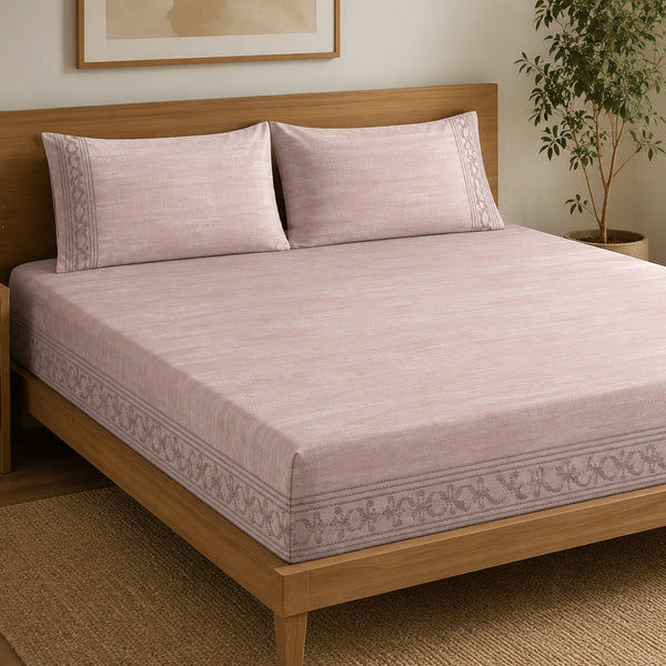 Aarniva 100% Cotton Border Bedsheet Set | King/Queen | Soft & Breathable | Blush Pink Ornamental Border | 6-Piece Set