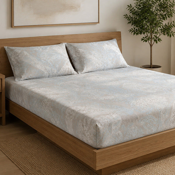 Aarniva 100% Cotton Paisley Bedsheet Set | King/Queen | Soft & Breathable | Ivory Blue Damask Paisley | 6-Piece Set