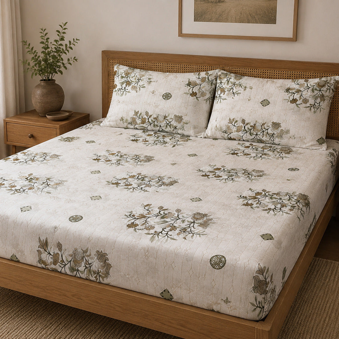 Aarniva 100% Cotton Floral Bedsheet Set | King/Queen | Soft & Breathable | Ivory Olive Botanical | 6-Piece Set