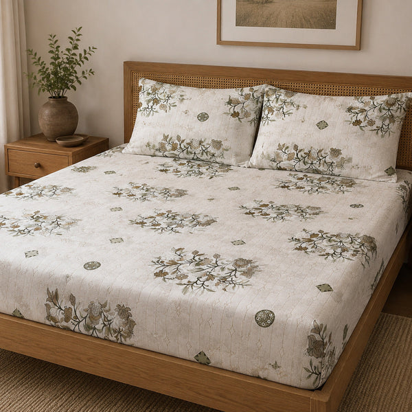 Aarniva 100% Cotton Floral Bedsheet Set | King/Queen | Soft & Breathable | Ivory Olive Botanical | 6-Piece Set
