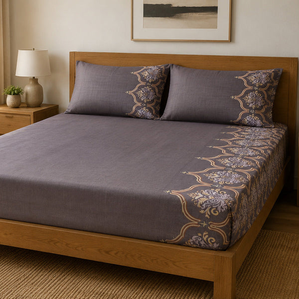Aarniva 100% Cotton Ornamental Bedsheet Set | King/Queen | Soft & Breathable | Dusty Plum Ornamental Border | 6-Piece Set