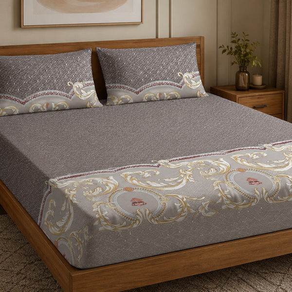 Aarniva 100% Cotton Ornamental Bedsheet Set | King/Queen | Soft & Breathable | Taupe Gold Baroque Border | 6-Piece Set