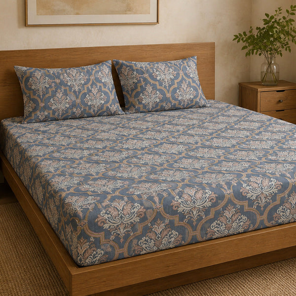 Aarniva 100% Cotton Ornamental Bedsheet Set | King/Queen | Soft & Breathable | Slate Blue Damask Medallion | 6-Piece Set