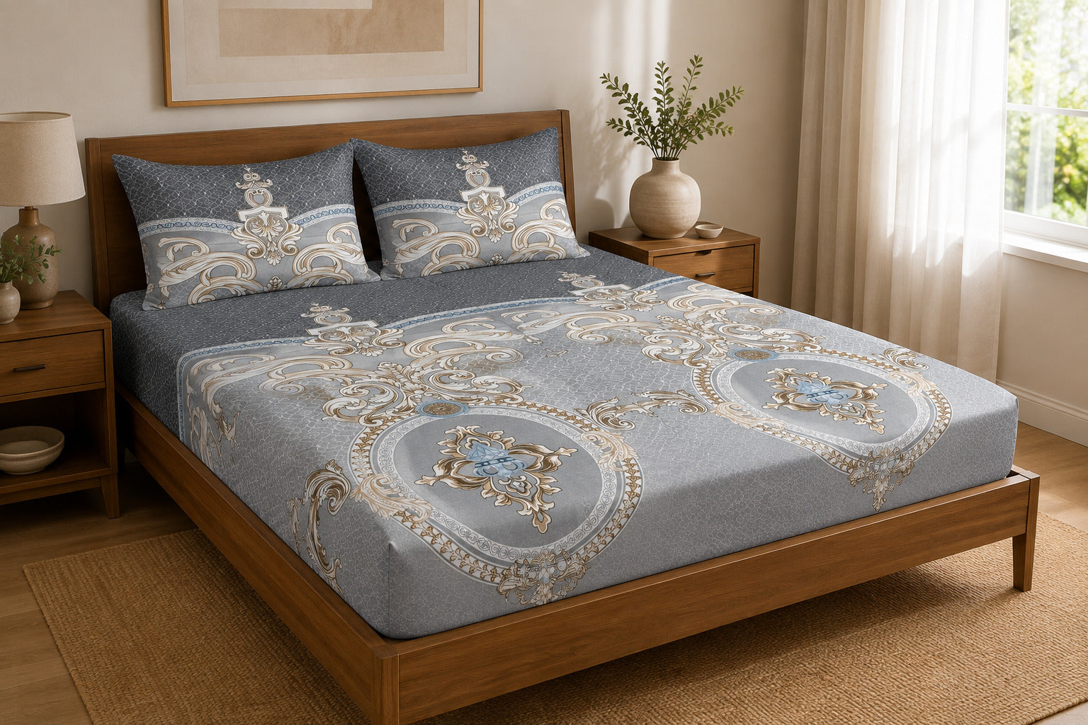 Aarniva 100% Cotton Ornamental Bedsheet Set | King/Queen | Soft & Breathable | Charcoal Silver Royal Medallion | 6-Piece Set