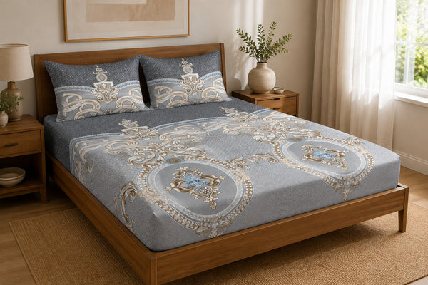 Aarniva 100% Cotton Ornamental Bedsheet Set | King/Queen | Soft & Breathable | Charcoal Silver Royal Medallion | 6-Piece Set