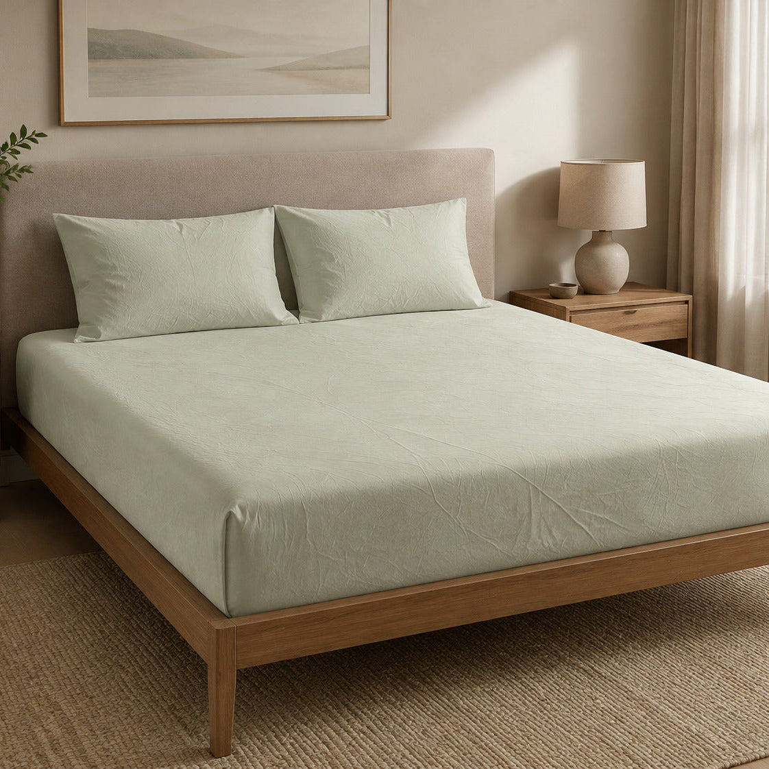 Aarniva 100% Cotton Solid Bedsheet Set | King/Queen | Soft & Breathable | Misty Sage | 6-Piece Set