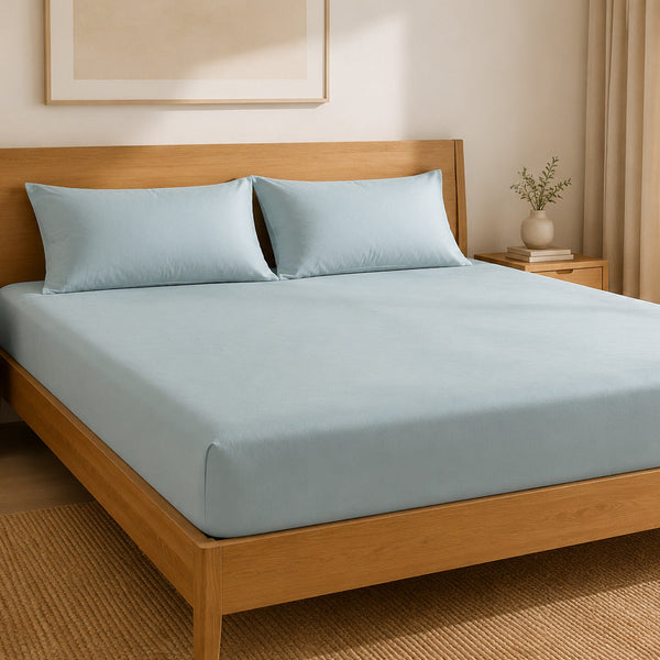 Aarniva 100% Cotton Solid Bedsheet Set | King/Queen | Soft & Breathable | Powder Blue | 6-Piece Set