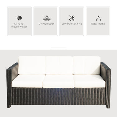 Outsunny Deluxe 3 Seat Rattan Wicker Sofa Garden Outdoor Patio Furniture with Cushion, Cream White