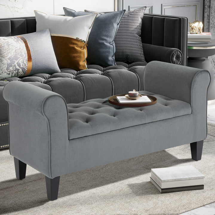 HOMCOM Button Tufted Storage Ottoman Bench, End of Bed Bench with Rolled Arms, Storage Chest, for Living Room, Entryway, Grey