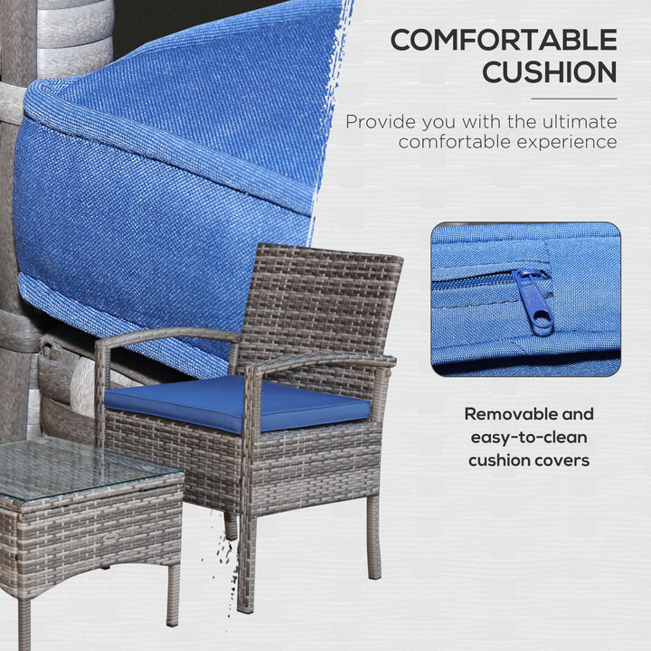 Outsunny 3 Pieces Wicker Patio Furniture Set, Rattan Bistro Set with Coffee Table and Cushions, Outdoor Conversation Set for Garden, Porch, Balcony, Blue