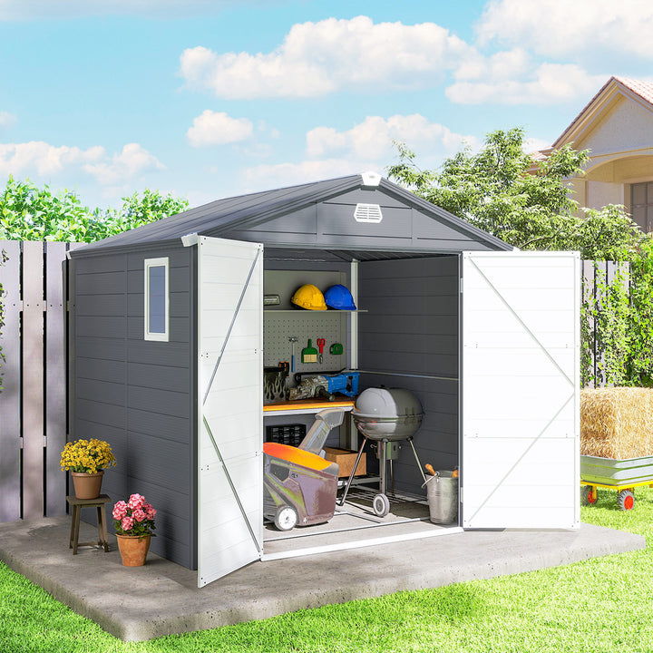 Outsunny 8' x 6' Plastic Garden Storage Shed with Latch Door, Vents, Sloped Roof, Light Grey