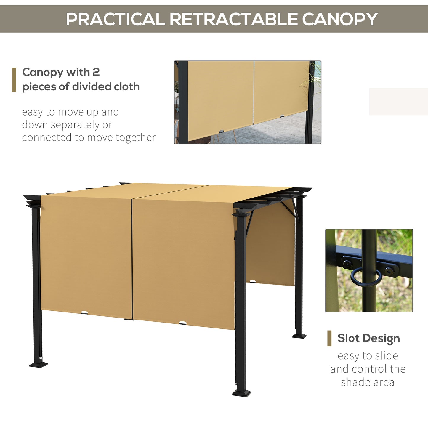 Outsunny 12' x 10' Outdoor Patio Gazebo Pergola with Retractable Canopy Roof, Steel Frame with Stakes, Unique Design, Beige