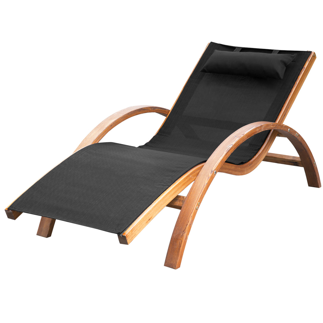Outsunny Outdoor Wood Chaise Lounge Chair Recliner Patio Camping with Headrest, Teak & Black