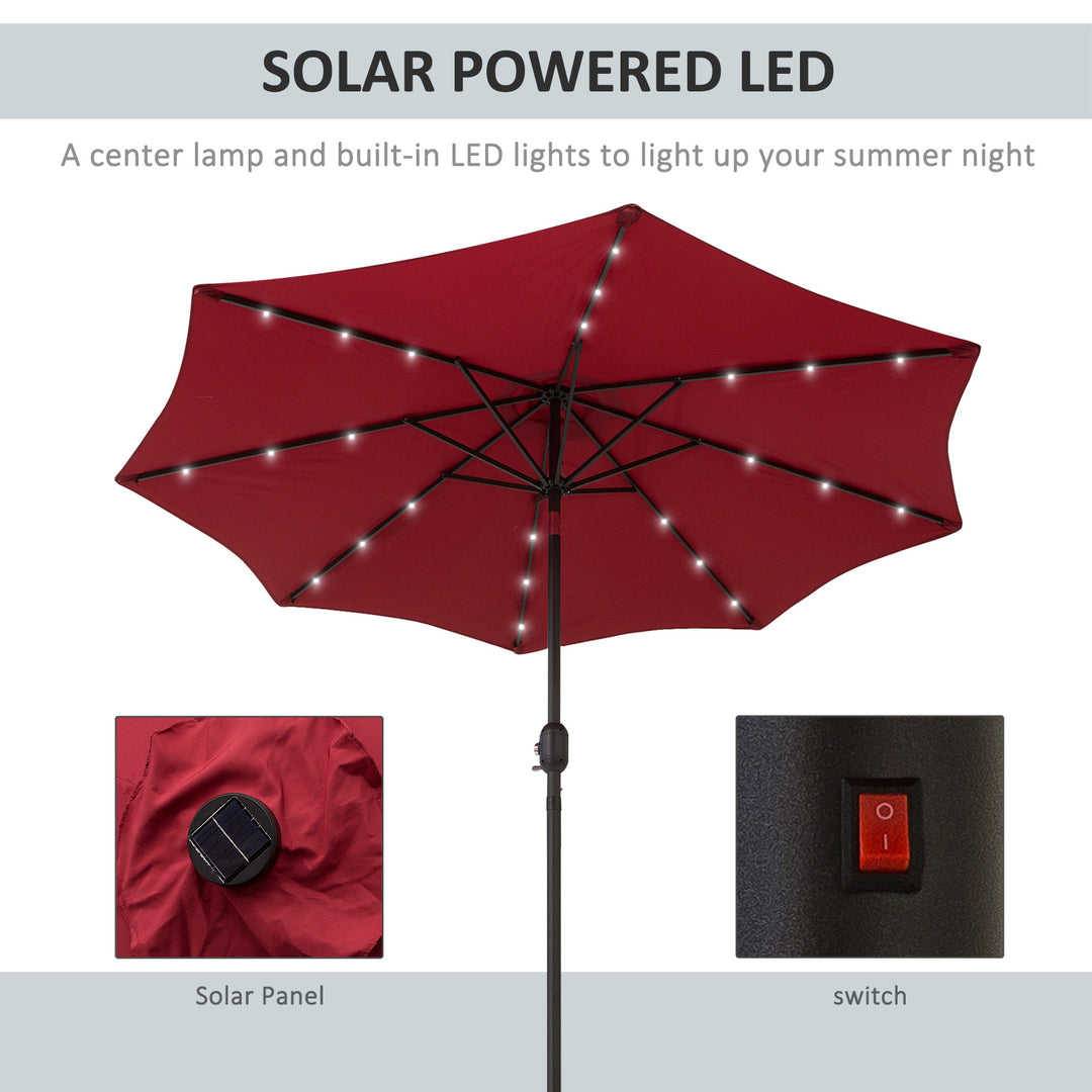 Outsunny 9ft Solar Patio Umbrella Outdoor Sunshade 24 LED Lights Tilt Canopy, Wine Red