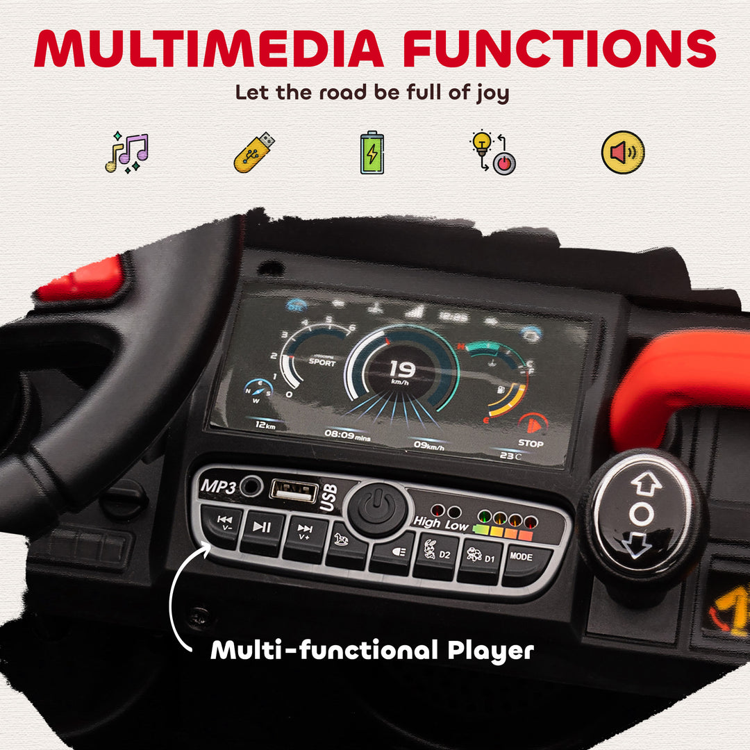 Aosom 12V Ride on Car with Electric Bucket, Two-Seater, Shovel, Remote Control, Spring Suspension, Horn, Music, Red